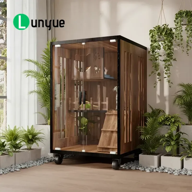 Luxury Modern Solid Wood Cat Villa with Litter Area and Glass Doors for Large Cats Wholesale Furniture