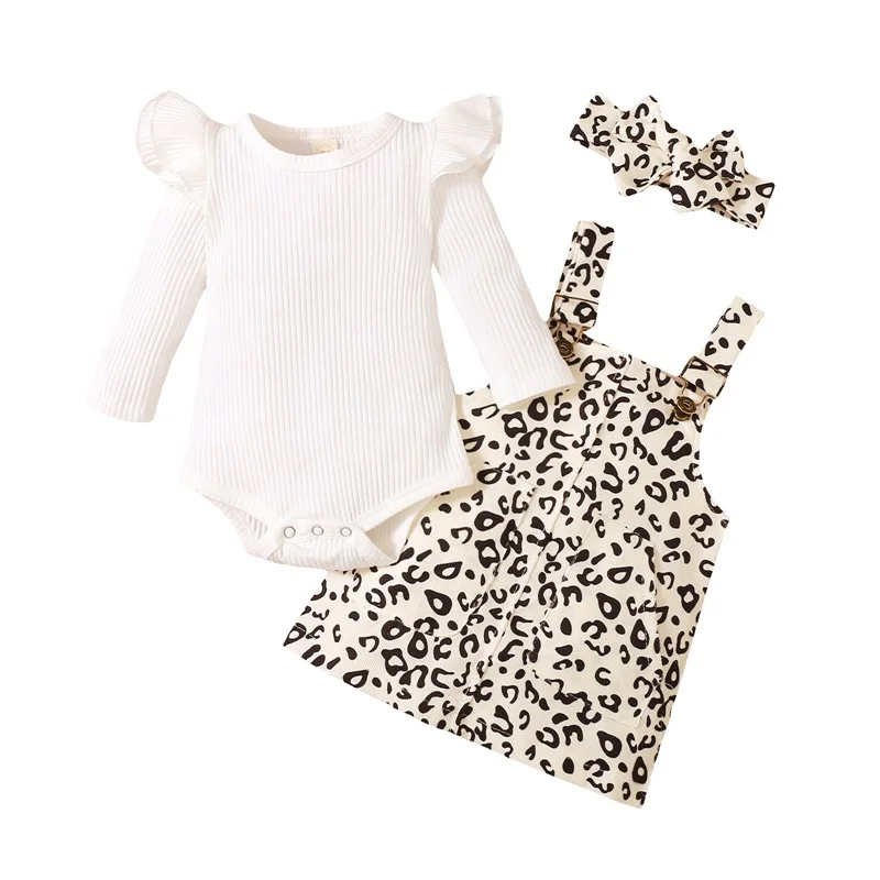 3 Pcs Baby Girls Casual Outfits Ribbed Fly Sleeve Round Neck Bodysuit Leopard Print Suspender Skirt Bow Headband