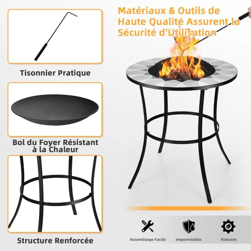23.5 Inches Round Fire Pit Table with Mesh Cover and Fire Poker