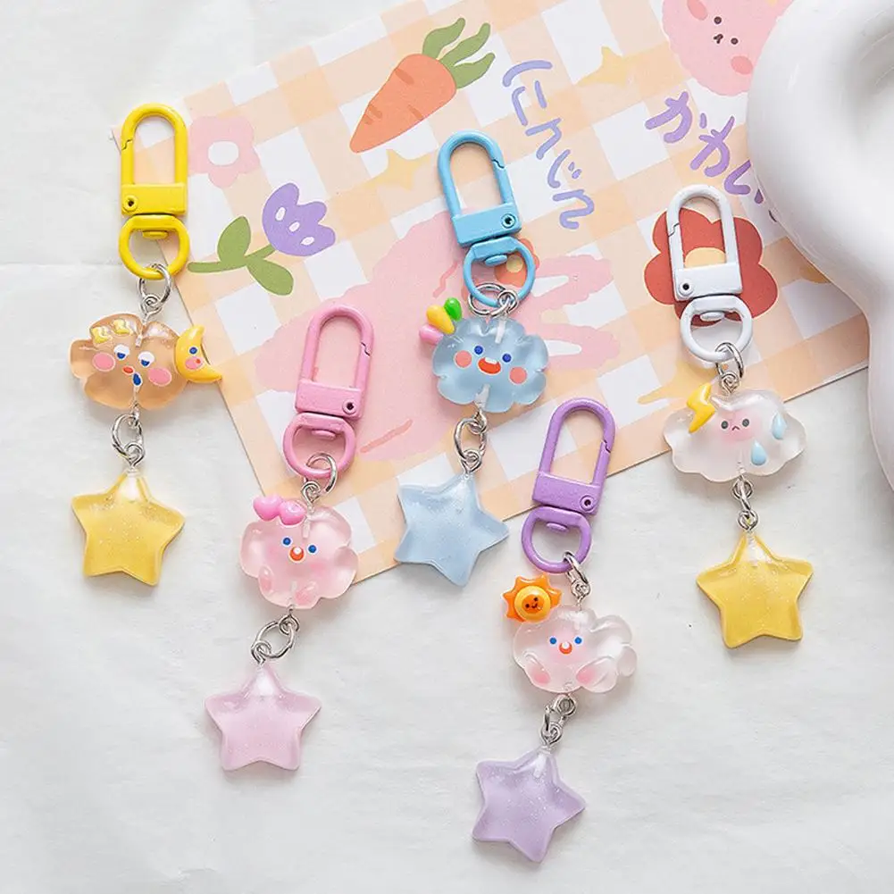 Soft Expression Keychain 5pcs Cloud Glitter Star Keychain Set Soft Expression Charm Pendant with Alloy Buckle Schoolbag