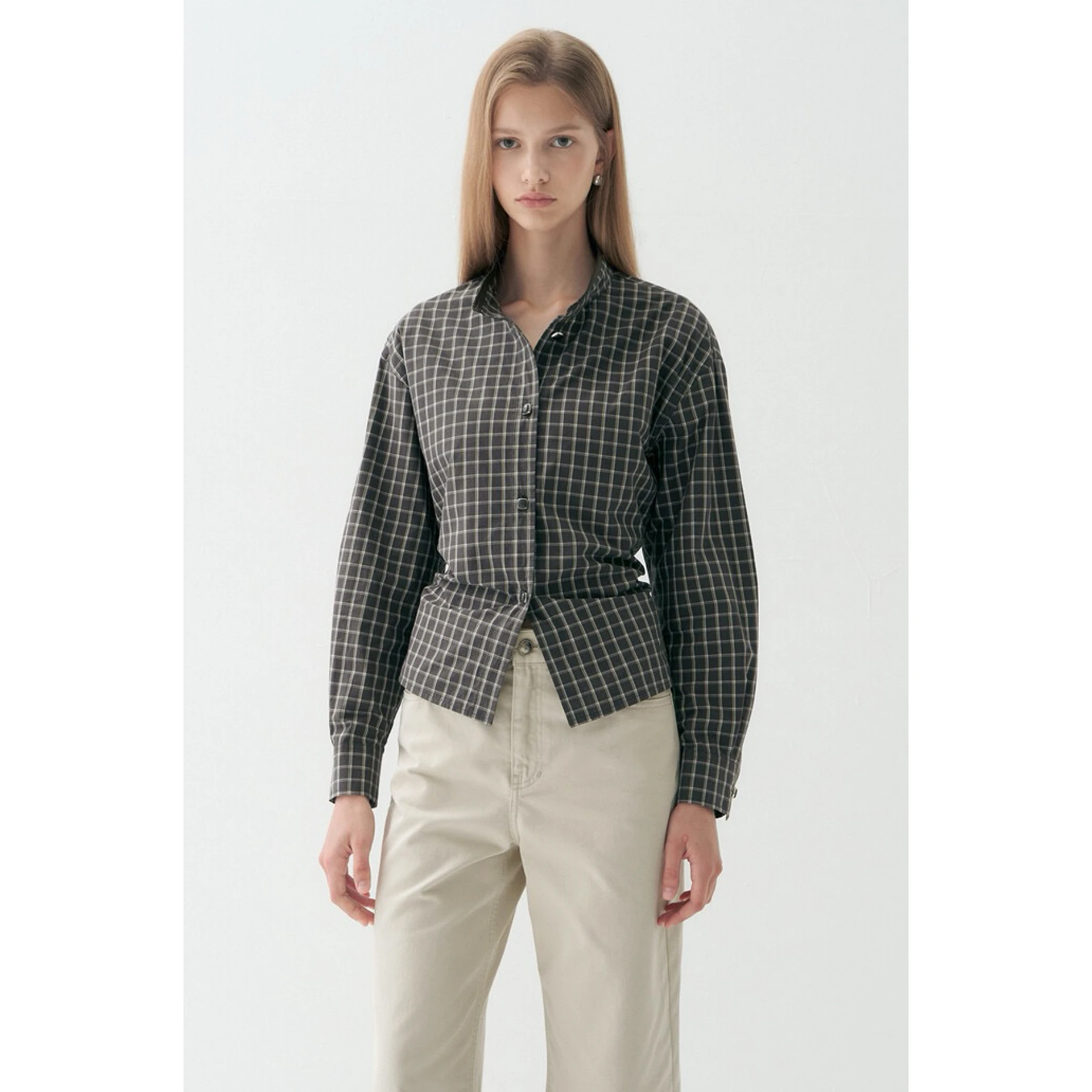 Lemon Cheese LAN26 Autumn Casual Collar Commute Versatile Plaid Waist-cinching Slimming Long Sleeve Shirt Jacket