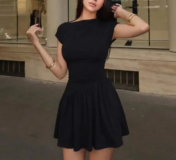 

Summer French Elegant Temperament Style Solid Color Simple Sloping Collar Tie Waist Slimming Short Sleeved A-Line Women's Dress