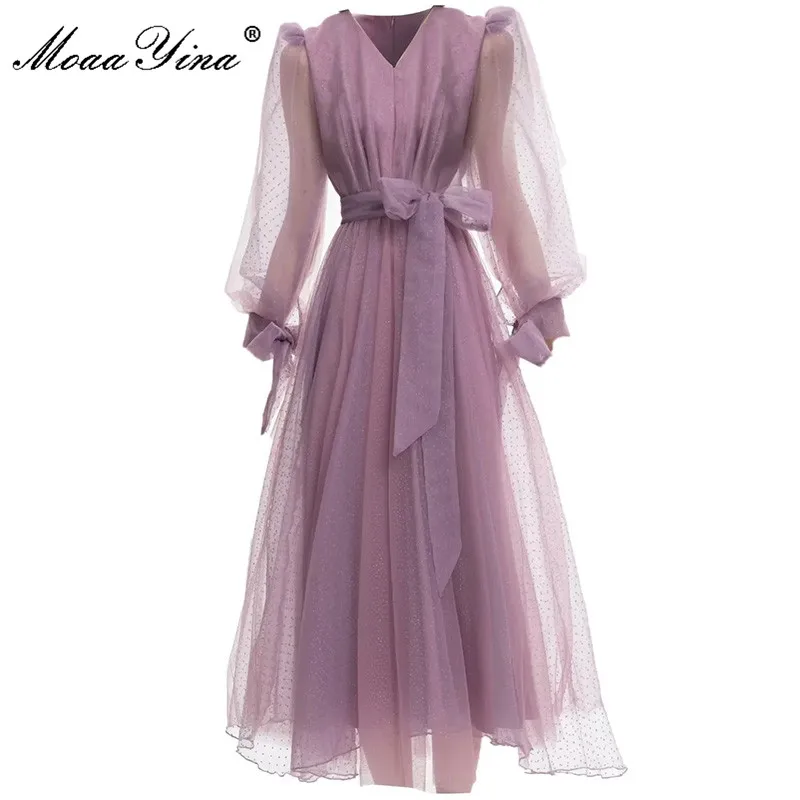 

MoaaYina Fashion Runway dress Autumn Winter Women Dress Lantern sleeve Polka dot Belted Mesh Purple Party Dresses