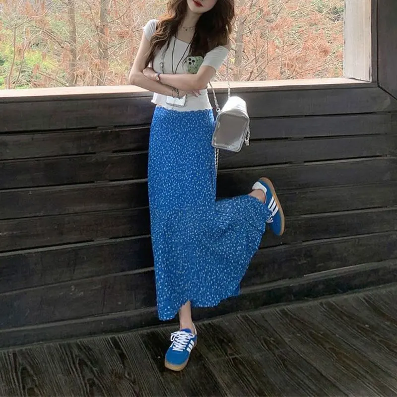 

Vacation Style Vintage Broken Flowers Skirts Summer High Waist Women's Clothing Korean A-Line Bag Hip Stylish Split Long Skirts