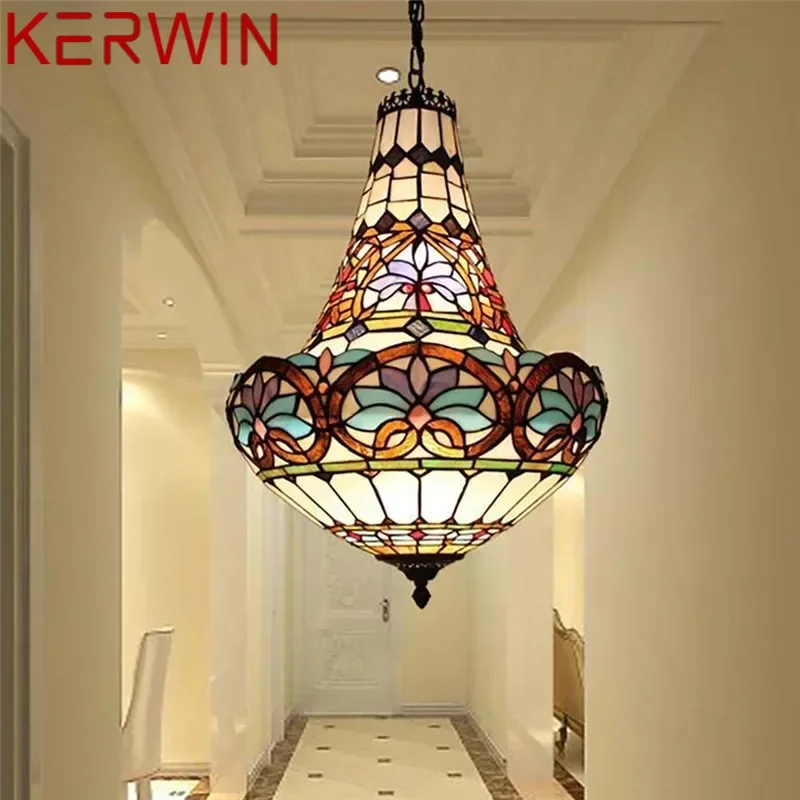 KERWIN Tiffany European Chandelier Vintage Restaurant Bedroom Coffee Shop Bar Villa Corridor Color Glass Pendant Lamp