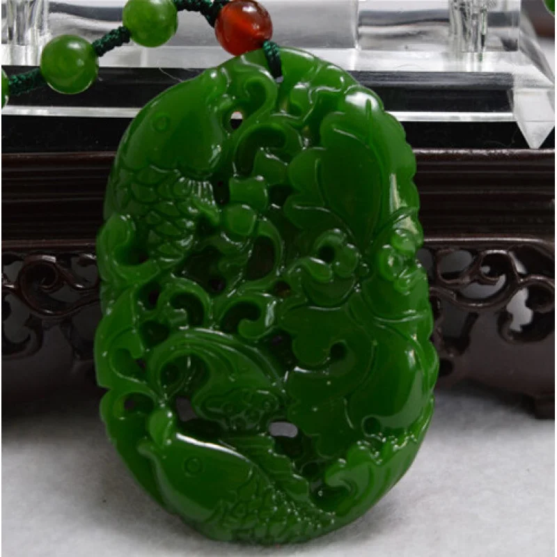 

Outer Mongolian Jade Fish Lotus Fish Full Green Jade Pendant Necklace Jade Plaque Hanging Ornament