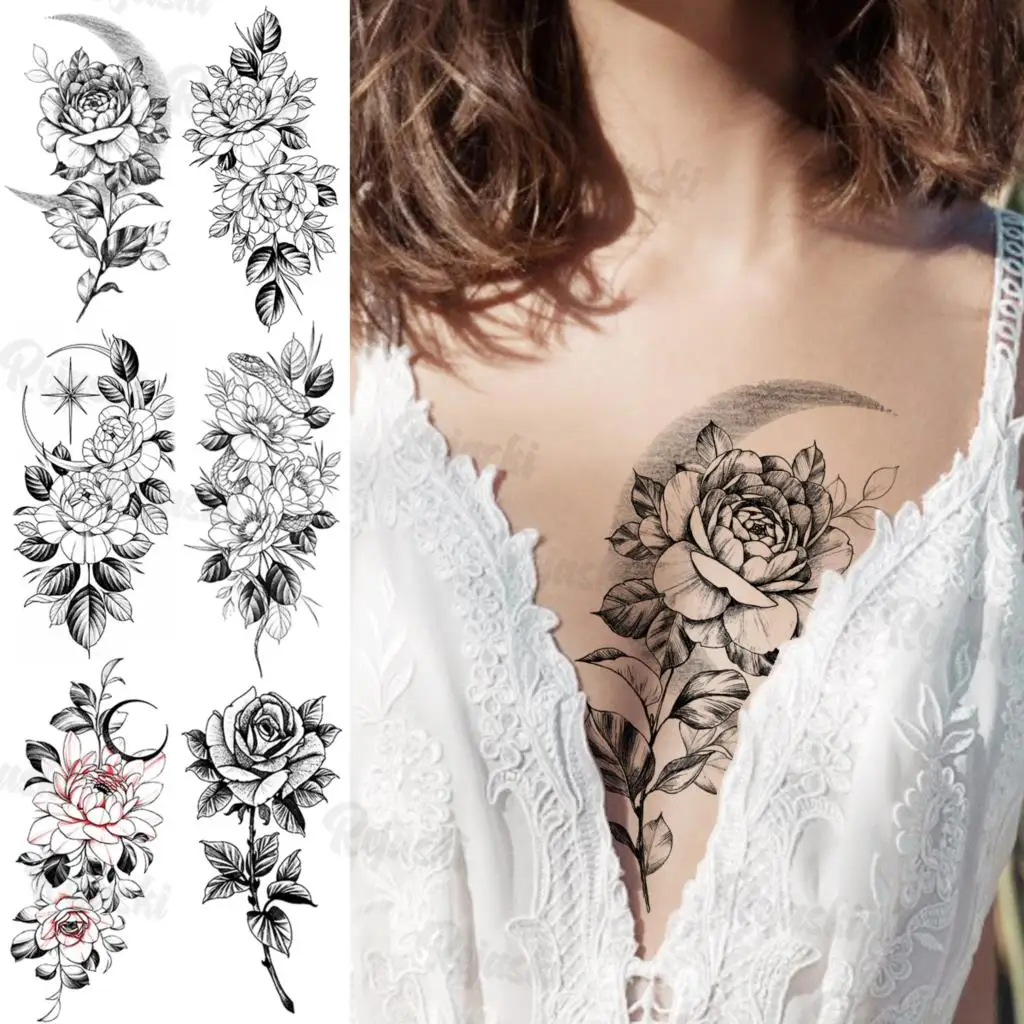 

Large Moon Rose Flower Temporary Tattoos For Women Girls Realistic Snake Watercolor Lotus Fake Tattoo Sticker Chest Arm Tatoos