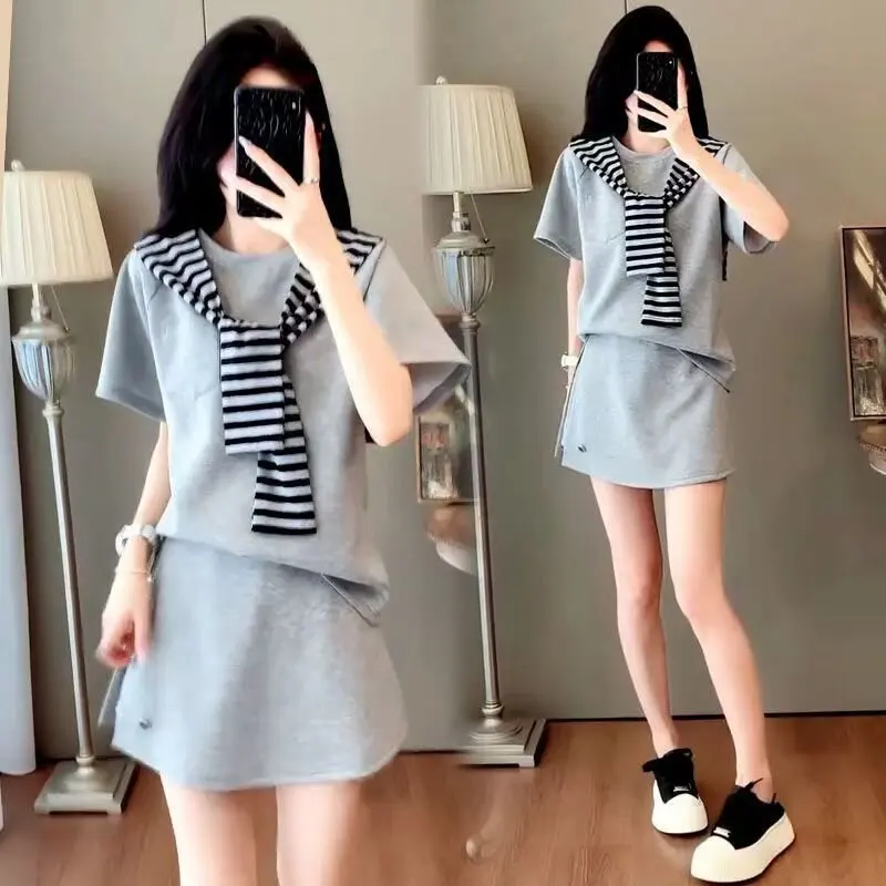 

Summer Beautiful Set Dress Women's Small Size Short Sleeve Elegant Three-piece Suit Casual Sport Style round Neck T-shirt