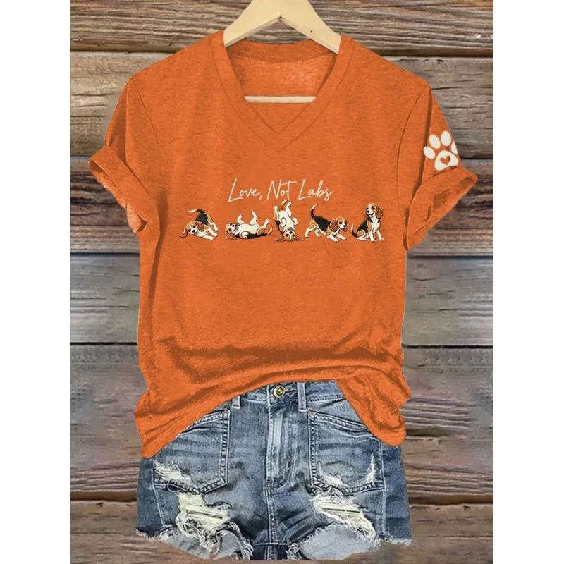 ilstile Women's Save The Beagles Dog Print T-Shirts Summer Short Sleeve Casual V Neck Tops Black White Orange Blue Tees NEW