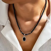 Vintage Black Beads with Square Pendant Necklace for Men Trendy Accessories on The Neck Collar 2023 Fashion Jewelry Male Gifts