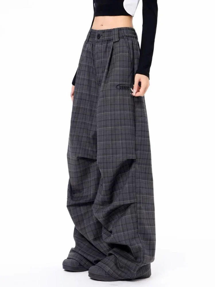 Y2K Vintage Plaid Cargo Pants Women Streetwear High Waist Gothic Trousers American Loose Casual Bf Pleated Sweatpants New