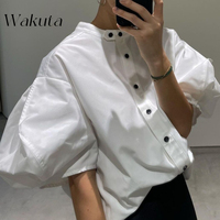 WAKUTA Japanese Summer Trendy Bubble Sleeves Chic T-shirt Niche Minimalist Temperament Pure Cotton Retro Shirt Pornhub Crop Top