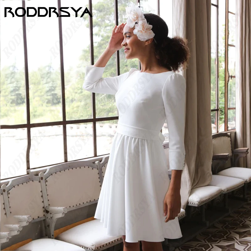 RODDRSYA-vestidos de novia de satén con cuello redondo para mujer, elegantes vestidos de novia de manga 3/4 con lazo encantador, espalda descubierta vestidos de novia de satén con cuello redondo para mujer, elegantes v