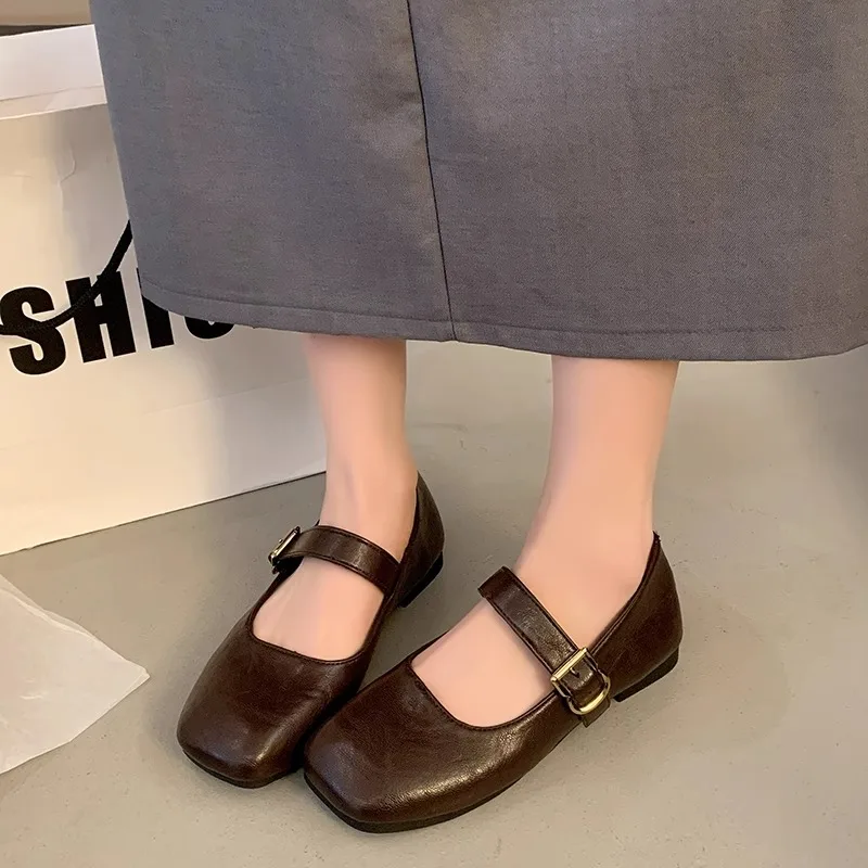 Soft Bottom Flat Mary Jane Shoes Spring New Style Evening Breeze Slip-On Retro Low Cut Square Head Bean Shoes Fashionable Cas...