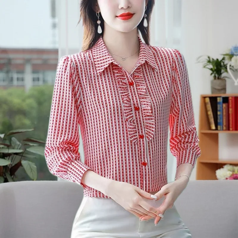 Women\'s Korean Fashion Ruffle Striped Print Button Up Shirt Elegant Lapel Commute Chiffon Blouse Casual Loose Tops Ropa De Mujer