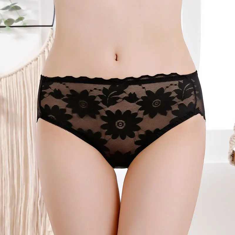 

Sexy Lingerie Style Plus Size Panties Women's Mid Rise See Through Lace Mesh Briefs Breathable Butt Lifting Underwear