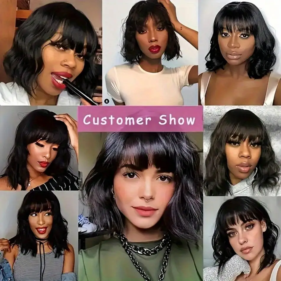 Short Bob Wigs Body Wave Wig With Bangs Human Hair 3X1 Middle Part Lace Brazilian Full Machine Made Fringe Bob Wig 10 12 Inch image 5