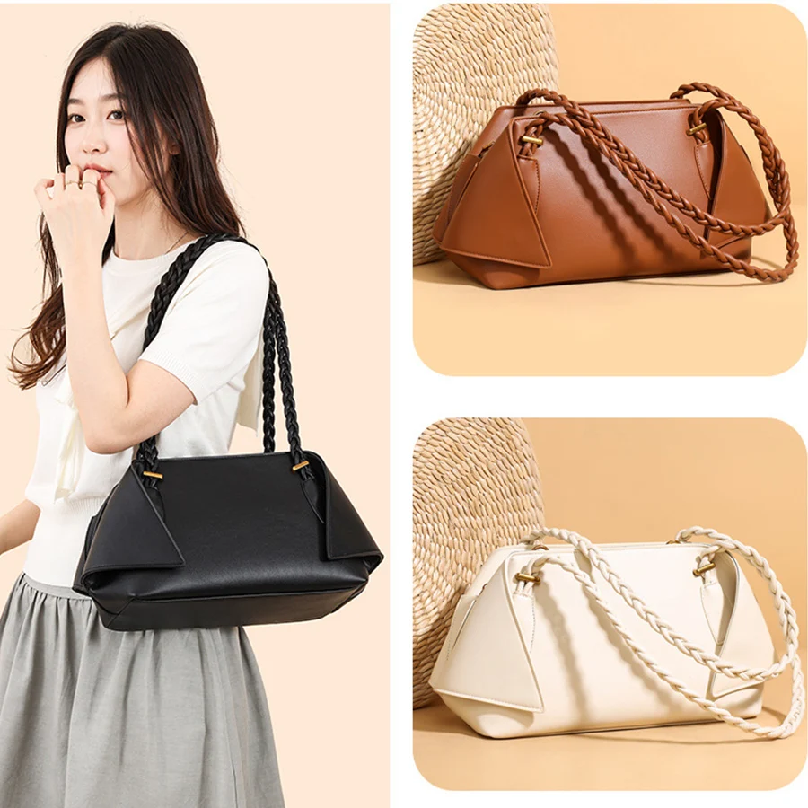 Retro woven handle handbag for women 2026 new style trendy and simple,pu leather single shoulder bag,elegant crossbody bag, tote