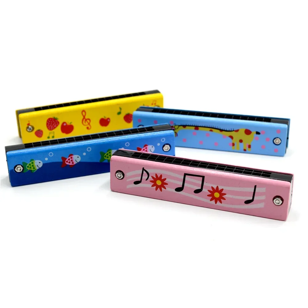 Wooden Harmonica for Children Double Row Blowable Harmonica Cute Cartoon Pattern Color Woodwind Kids Melodica 16 Holes