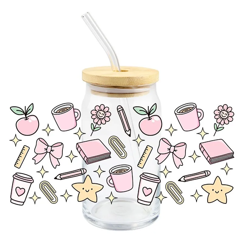 Books 3D UV DTF Sticker Durable Waterproof Bowknot Drink Transfer Sticker HIgh Quality 16 OZ Libbey Glass Wraps Cup Decals