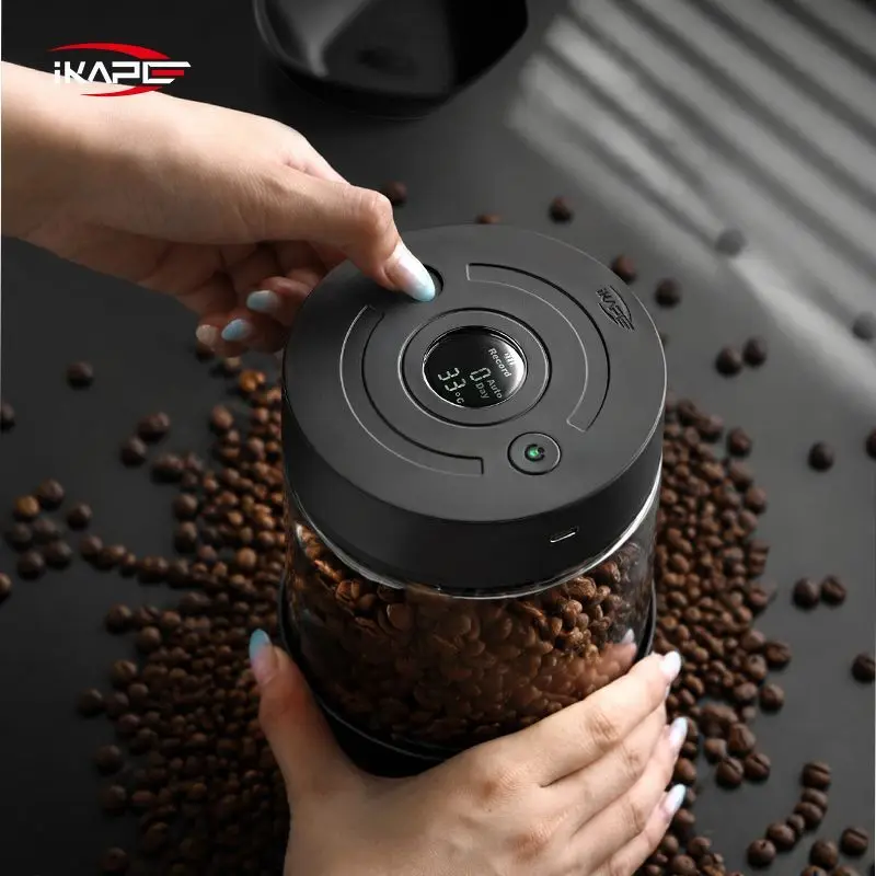 IKAPE Digital-Display Electric Vacuum-Sealed Coffee Bean Storage Container Airtight Storage Container for Coffee Beans Tea Nuts