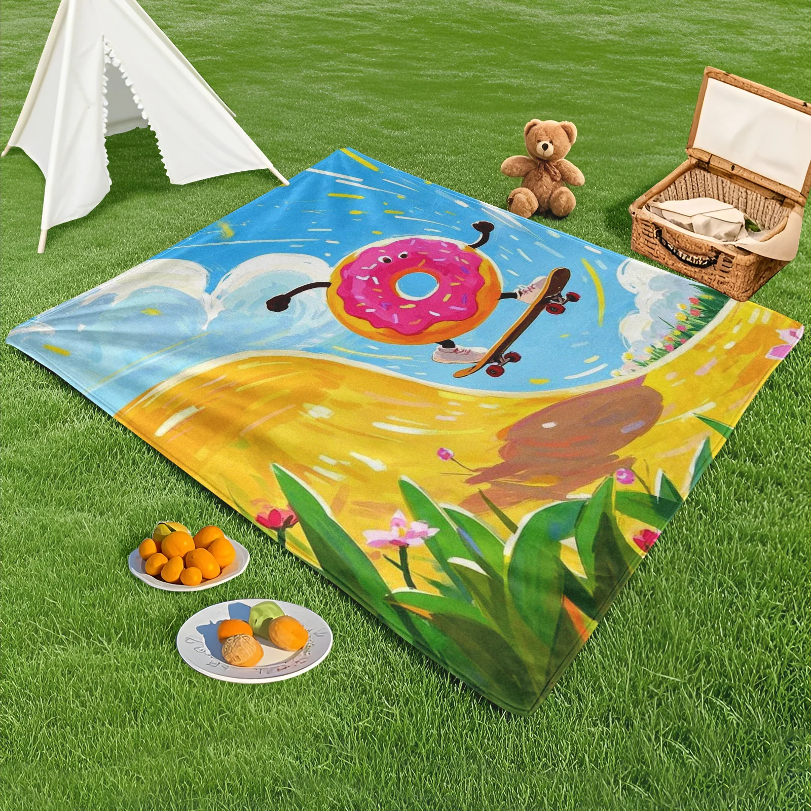 Donut With Sand Dunes Flowers Blue Sky And Skateboard Design Vibrant Outdoor Blanket For Camping Picnic And Adventure Comfort