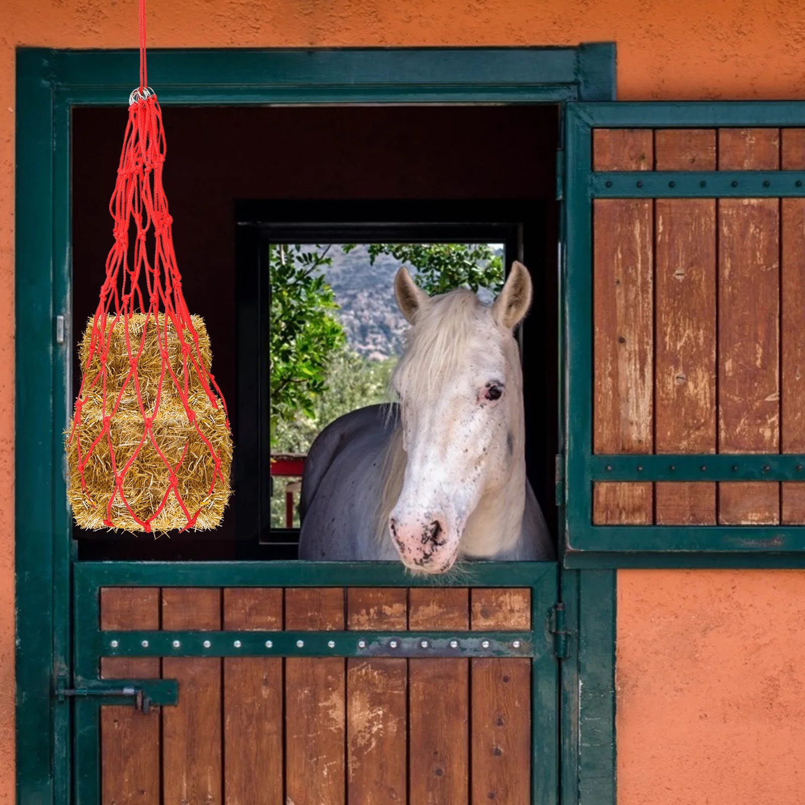 حقيبة تغذية بطيئة حمراء متوسطة الحجم حبل نايلون 20 فروع تغذية الحصان شبكة القش الثقيلة شبكة تغذية بطيئة حقيبة شبكة التغذية #1
