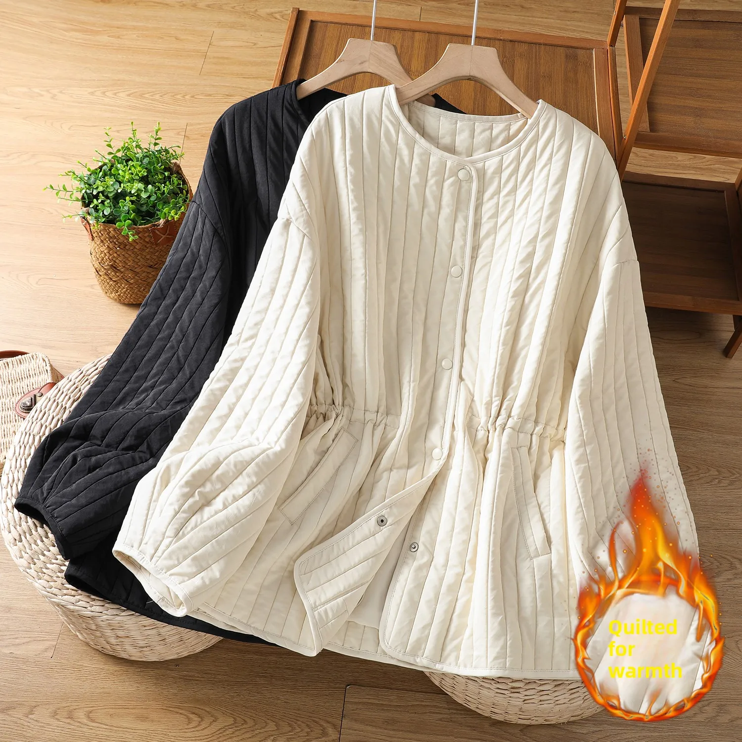 

Loose Casual Cotton Jaet Women's Large Version Lightweight round Ne Outerwear New Sle Thin Cotton Coat Top Cover Belly