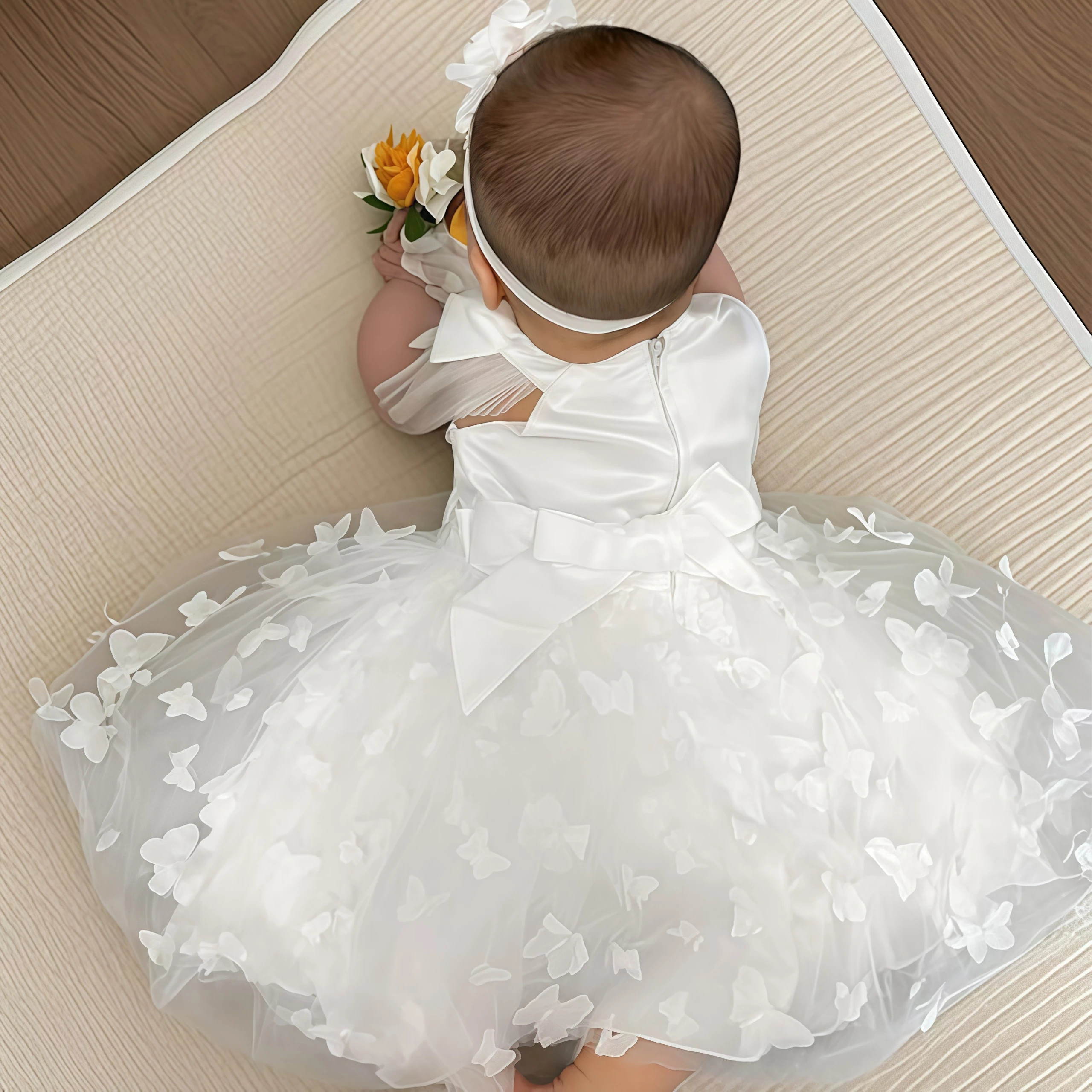 Infant Baby Baptism Dress Bowknot Butterfly Tutu Dress With Headband For Toddler Flower Girls Wedding Birthday Party Prom Gown