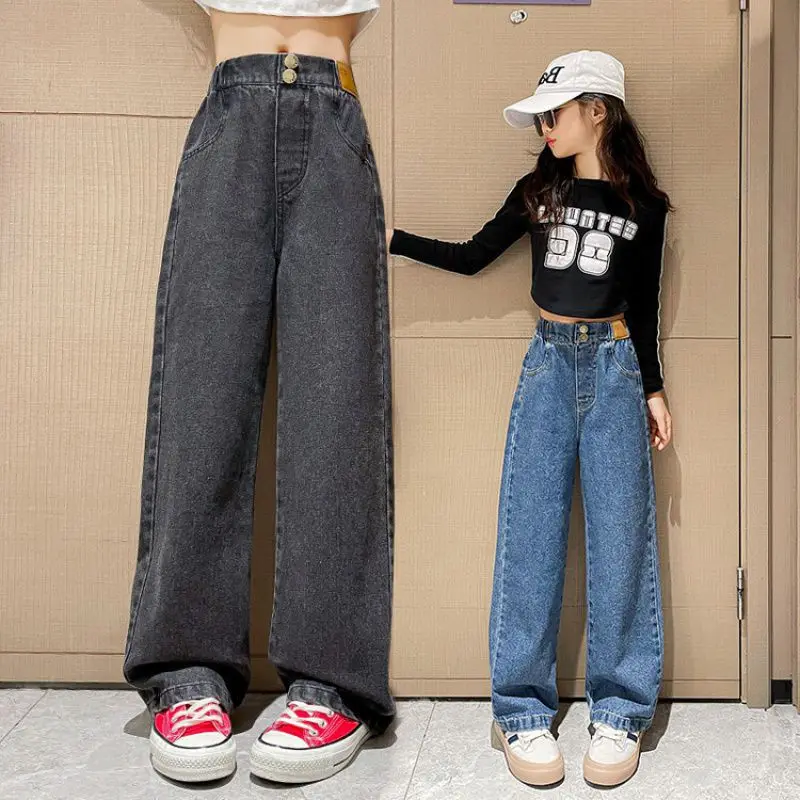 Teenager Girls Denim Pants Children Trousers Spring Autumn New Fashion Solid Color Girls Wide Leg Jeans 4-14 Years Kids Clothes