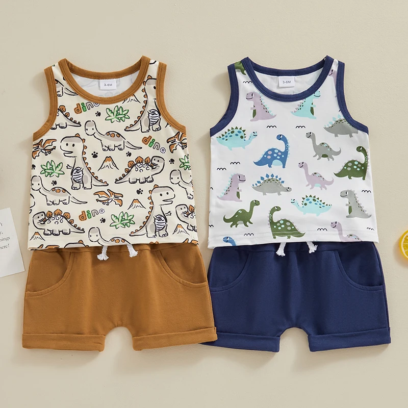 

2024-01-15 Lioraitiin 3M-3Y Kid Baby Boys Clothes Set Sleeveless Dinosaur Print Tank Top with Elastic Waist Shorts Summer Outfit