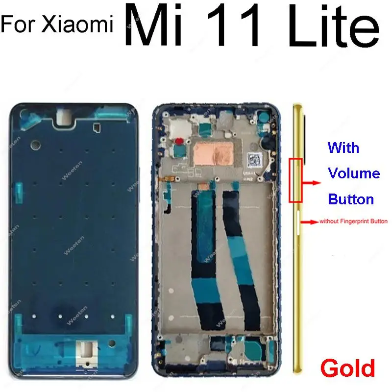 Rumahan bingkai Tengah untuk Xiaomi Mi 11 Lite 11 Lite 5G NE, pelat dudukan Bezel tengah belakang dengan tombol Volume, suku cadang perbaikan