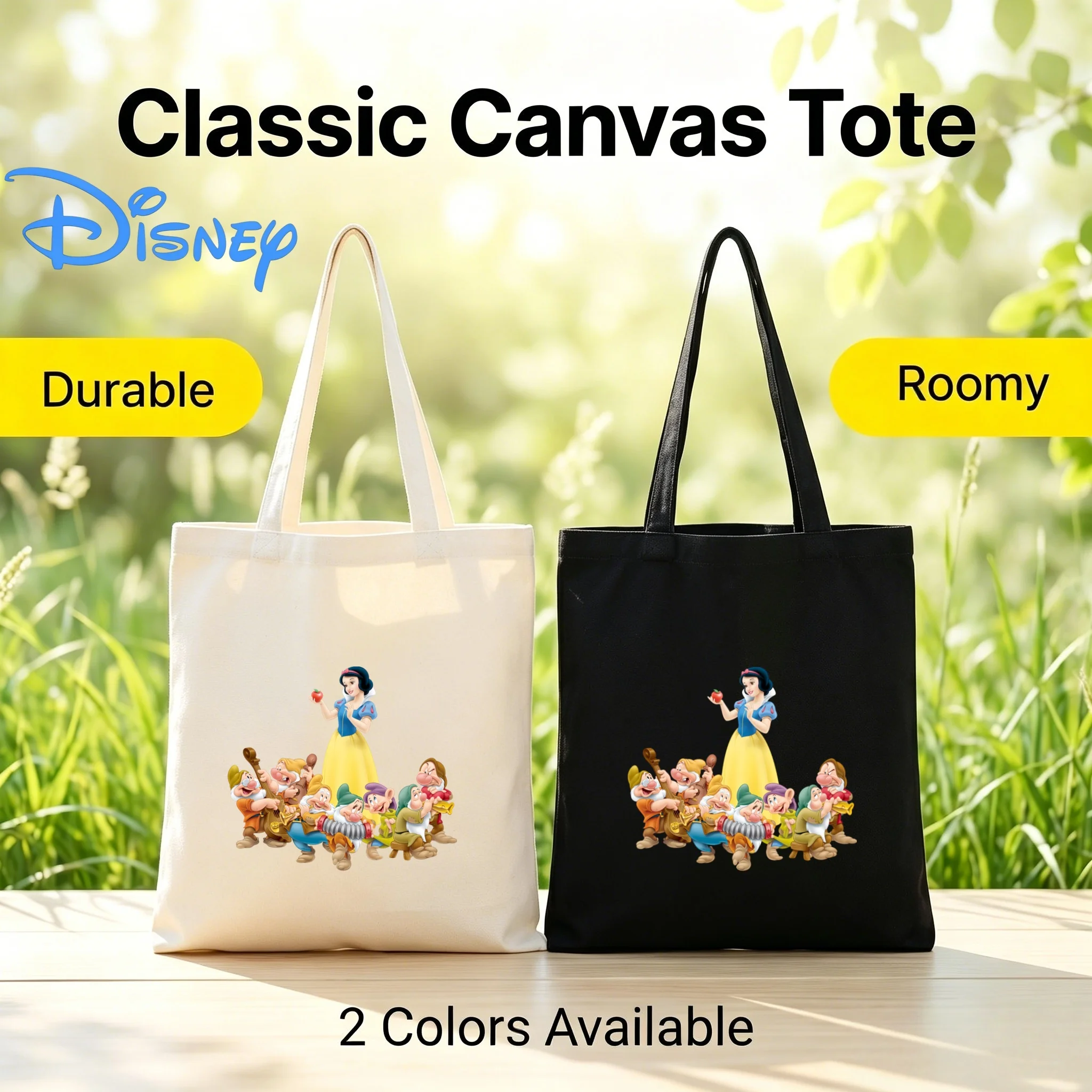 

1PC Disney Snow White Holding Red Apple With Musical Seven Dwarfs Print Canvas Tote Bag Eco Shopping Shoulder Handbag