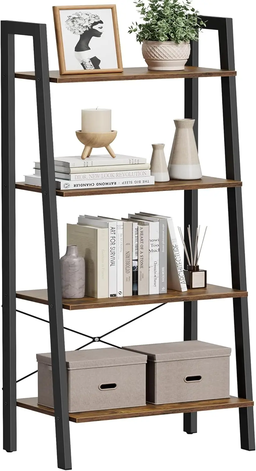 

4-Tier Ladder Shelf, Industrial Style Storage Rack with Steel Frame for Living Room, Office, Kitchen, Rustic Brown