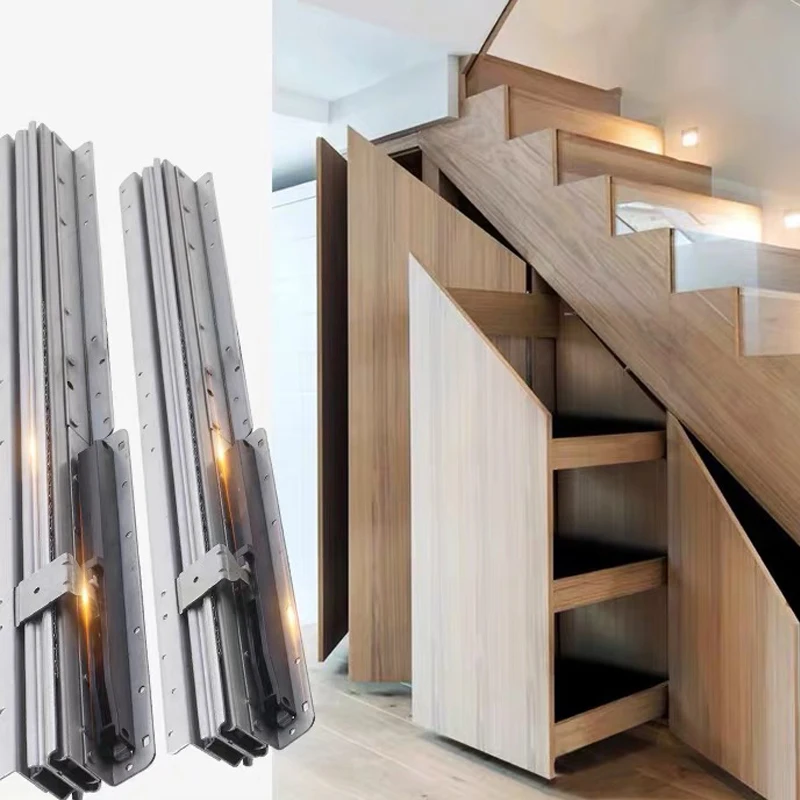 three-fold-ball-bearing-metal-frame-wardrobe-black-mounted-bottom-soft-close-undermount-slideway-stair-cabinet-drawer-slide