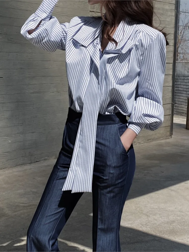 Women Elegant Casual Stripe Long Sleeve Shirts Spring Vintage Chic Party Birthday Clothes Female Business Formal Blouses Tops