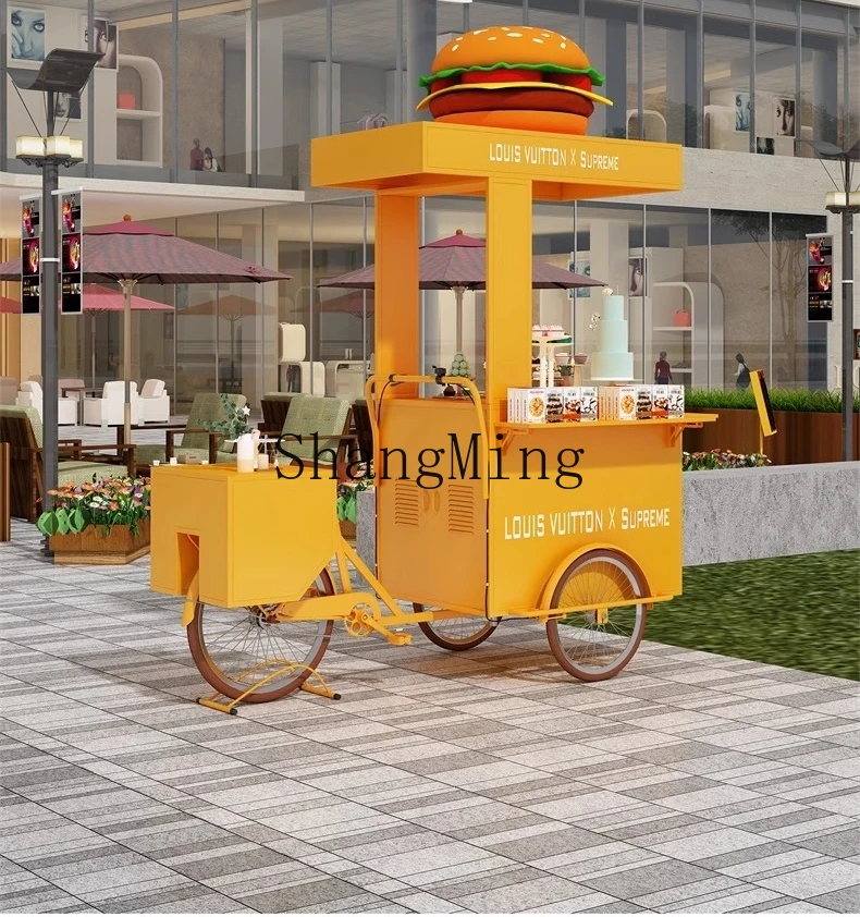 

HJ creative wrought iron three-wheel inverted bicycle mobile food sales outdoor mobile display snack cart