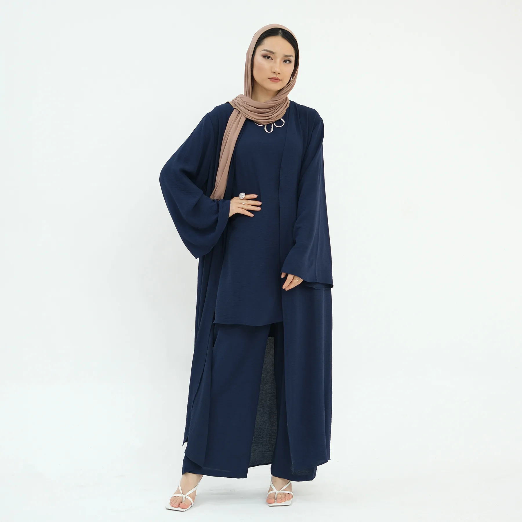 Eid Muslim Three Piece Sets Women Abaya Cardigan Tops Wide Leg Pants Suits Modest Kaftan Ramadan Morocco Abayas Ensembles