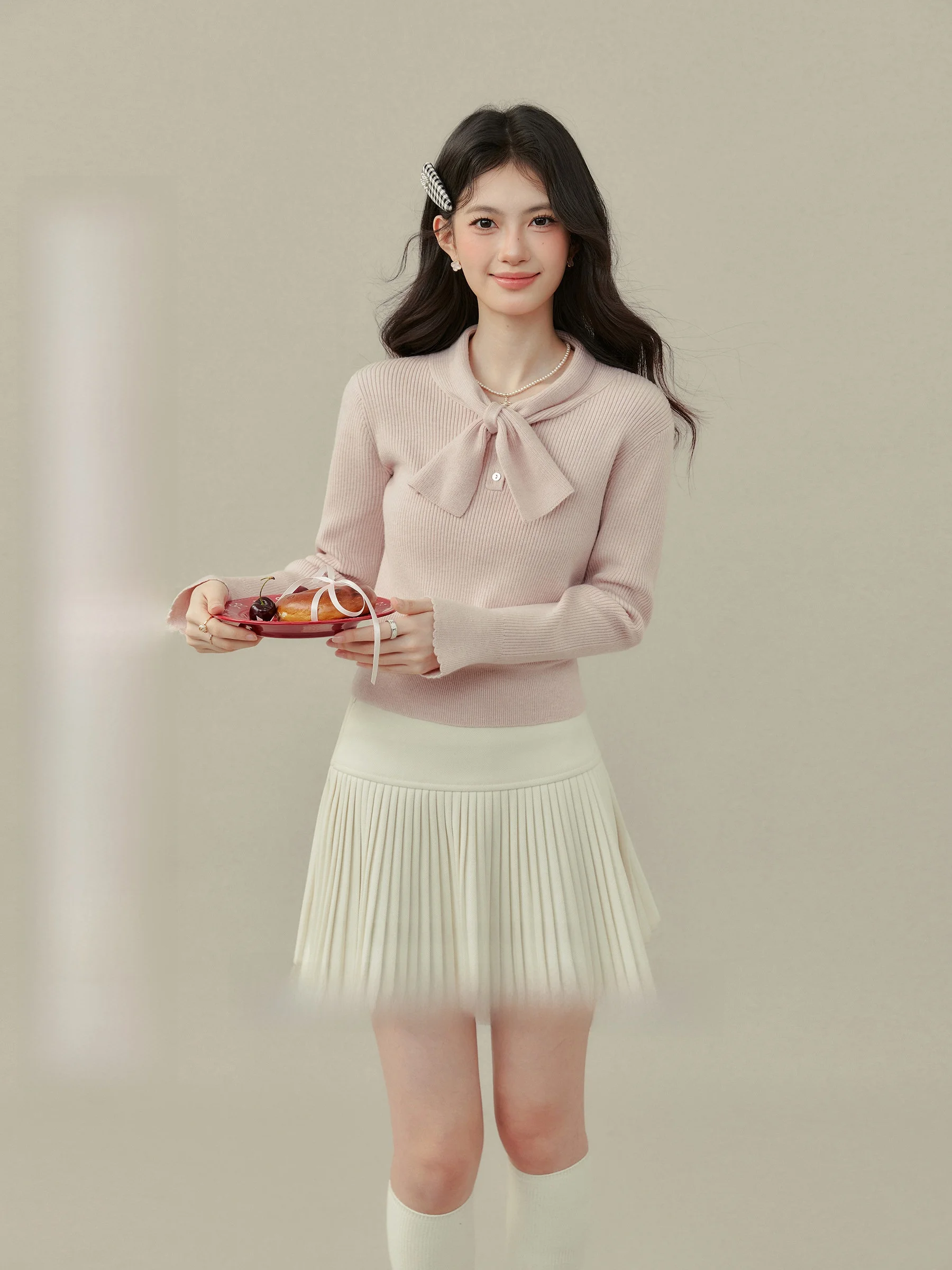 

Pink Knitted Top with Bow Tie Women's Gentle Base irt Knot Long Sve Regular Length Winter Faion Ladies' Clothes