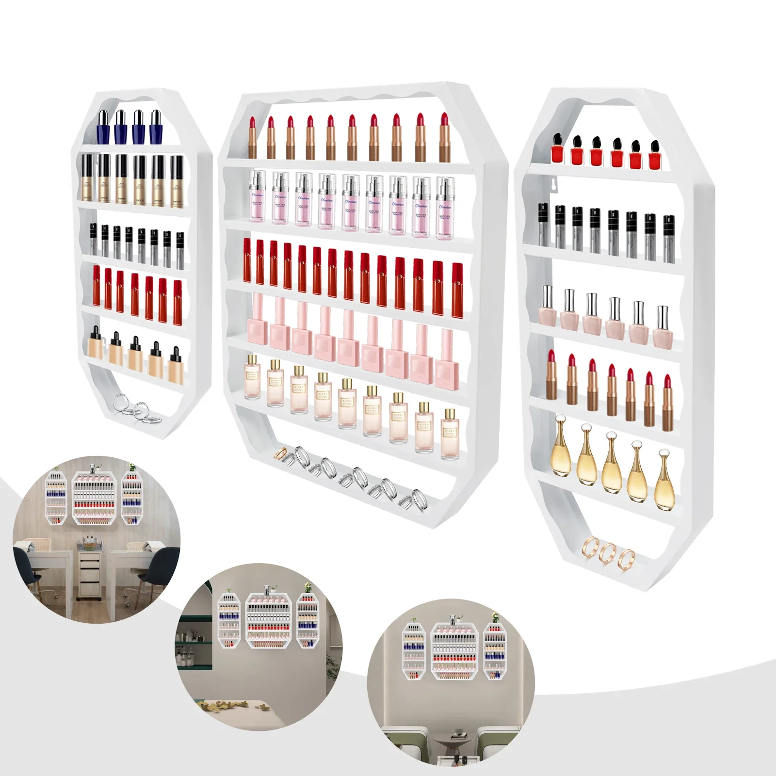 

For Iron Art Wall Mounted Nail Polish Storage Rack Nail Care Rack Three Piece Set-White