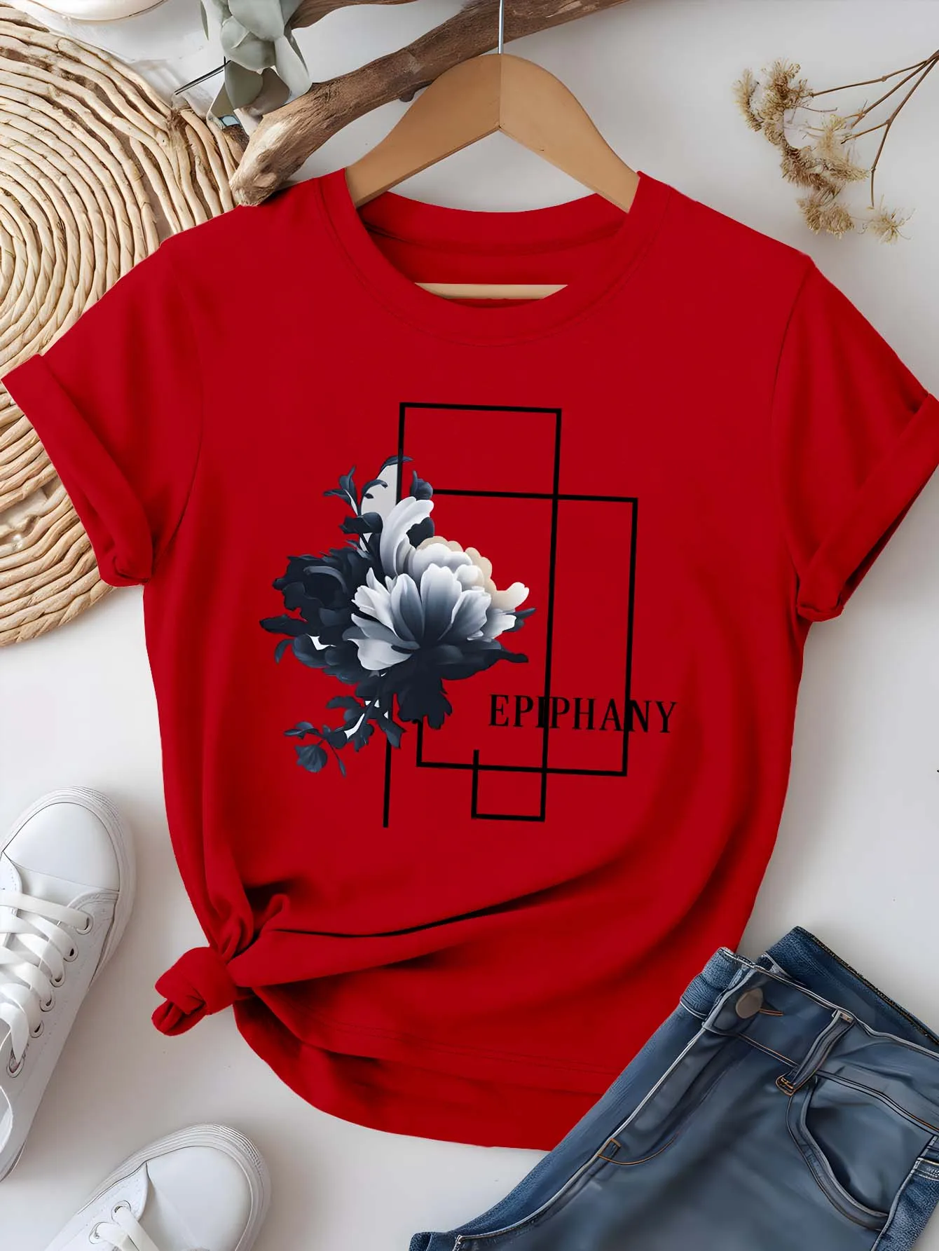 Koszulka Plus Size Artystyczna Kwiatowa Epifania Graficzna Szykowna Elegancka Literacka Letnia Krótki Rękaw