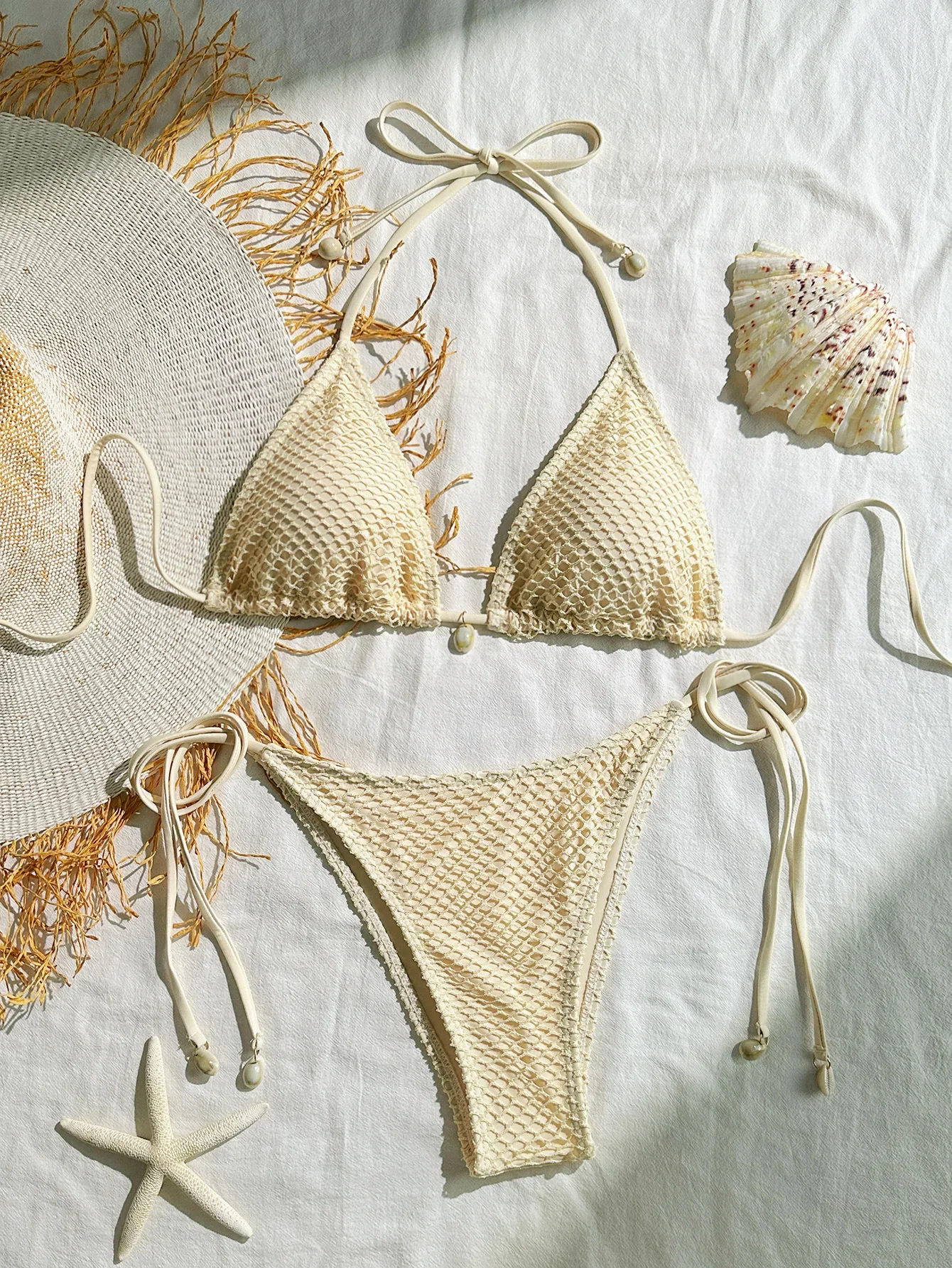 

Сексуальное микро бикини 2025, женский сетчатый бежевый, черный, дизайнерский купальник в виде ракушки, бразильский купальный костюм, стринги с завязками по бокам, купальник