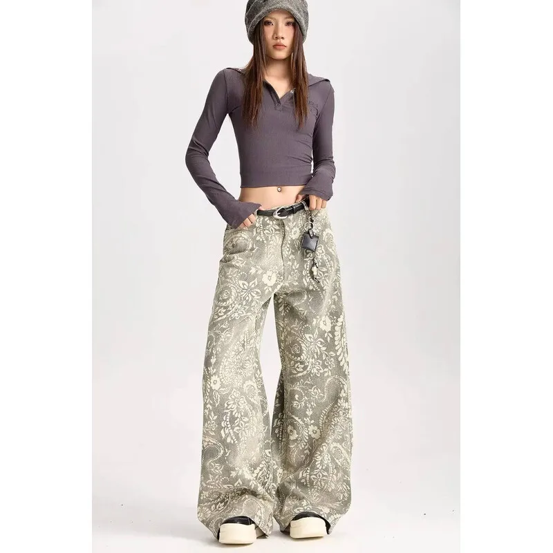 

Printed Pattern Retro American Style New Wide Leg Jeans Washed Suitable For Both Men And Women Loose Floor Pants