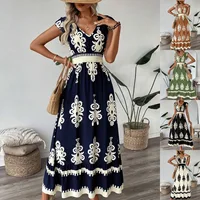 Vestido de manga larga con cuello en V y cintura con estampado de moda, gran oferta de verano transfronterizo europeo y americano