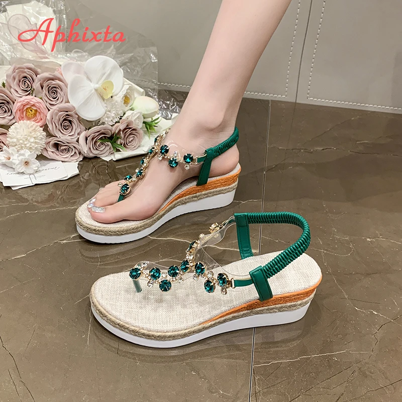 

Aphixta 2026 Summer Crystal Bordered Platform Wedge Heels Sandals Elastic Band 5.5cm High Heels Sandals Clog Shoe Big Size 43