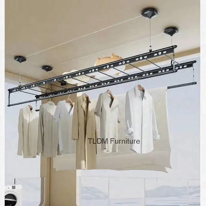 Household Liftable Clothes Dryer for Balcony Hand-Cranked Double-Rod Drying Rack Creative Metal Laundry Drying Rack for Hotels