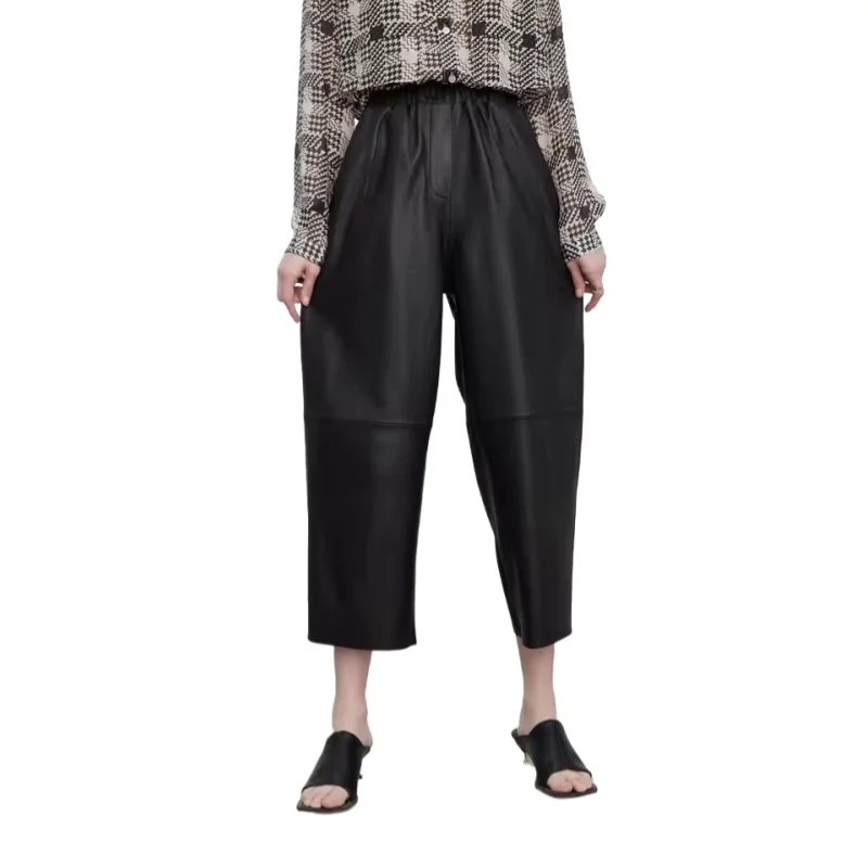 Women's Leather Pants, Ankle Length, Genuine Sheepskin Pants, Wide Leg Haren Pants, Elastic Waist, Spring and Autumn
