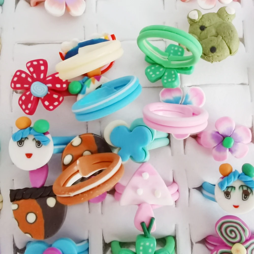 5/10/20pcs Cartoon Design Polymer Clay Flower Animal Kids Finger Rings Girls Favors Child Costume Birthday for Baby Party Gifts