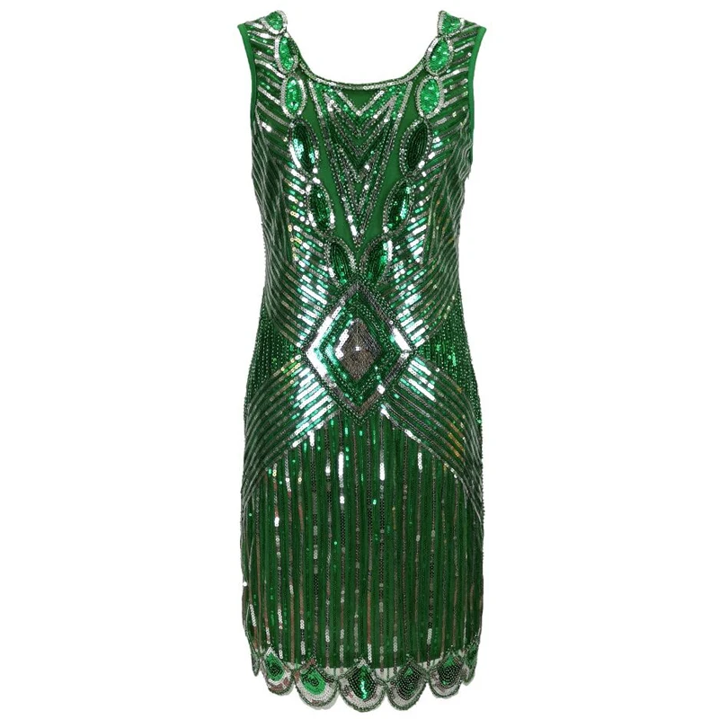 

New Women 1920s Gatsby Sequin Evening Scalloped Hem Inspired Flapper Dress Vintage O-neck Sleeveless Hollow Out Back Party Dress