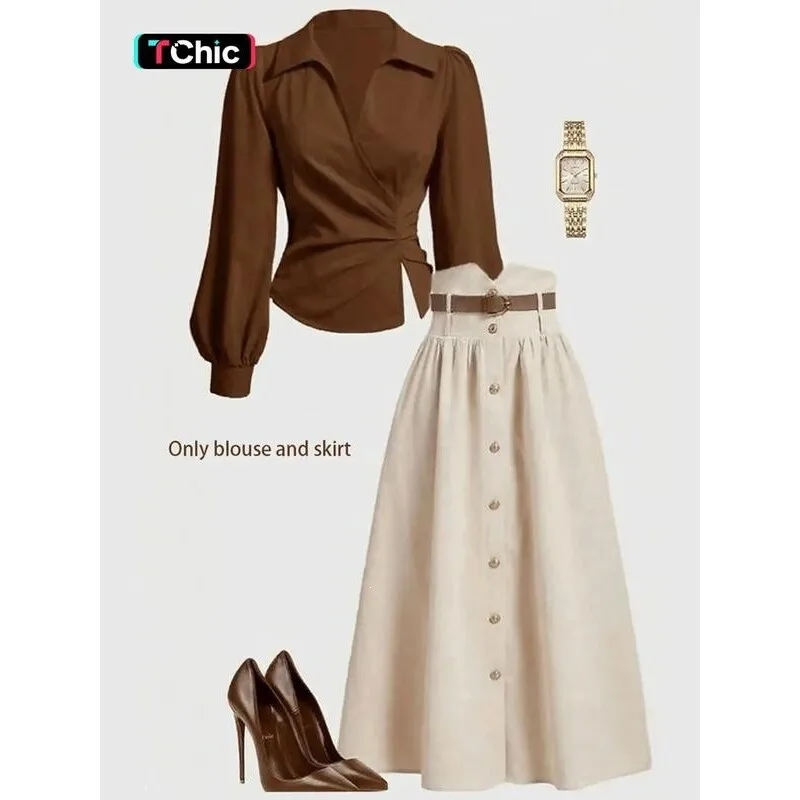 

Coffee Brown Waist Shirt Women's Princess Sleeve Shirt Non-Shrinkage Cross-Border Fashionable Casual Shirt for Spring